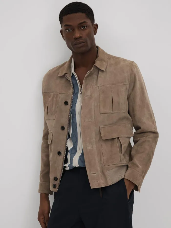 Men Reiss Shirts Selwood Colourblock ZipThrough TShirt Stone Blue