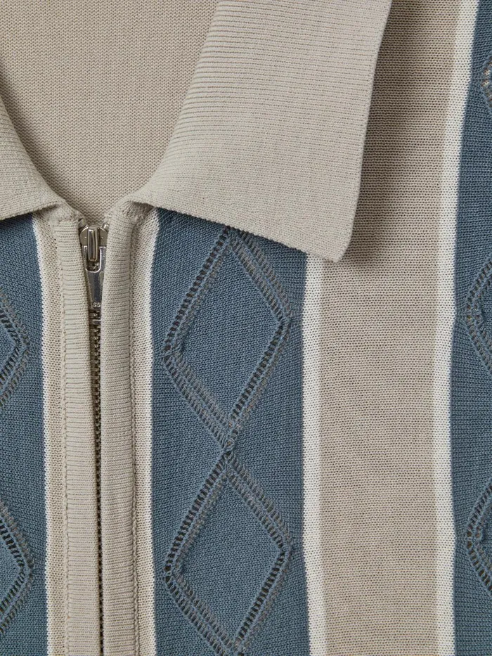Men Reiss Shirts Selwood Colourblock ZipThrough TShirt Stone Blue