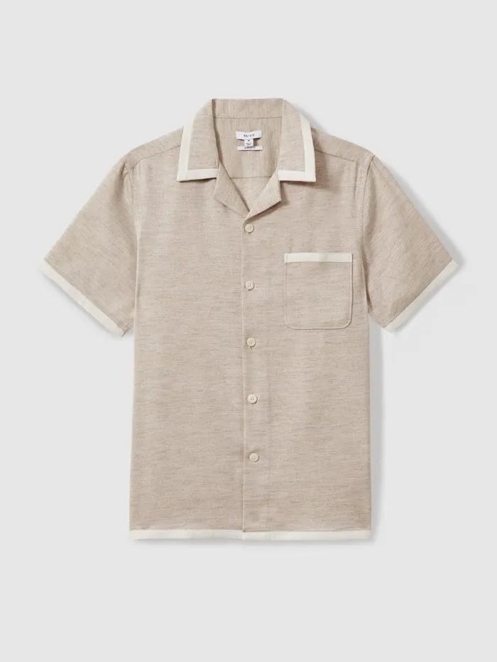 Men Reiss Shirts Vita Contrast Trim Cuban Collar Shirt Oatmealwhite