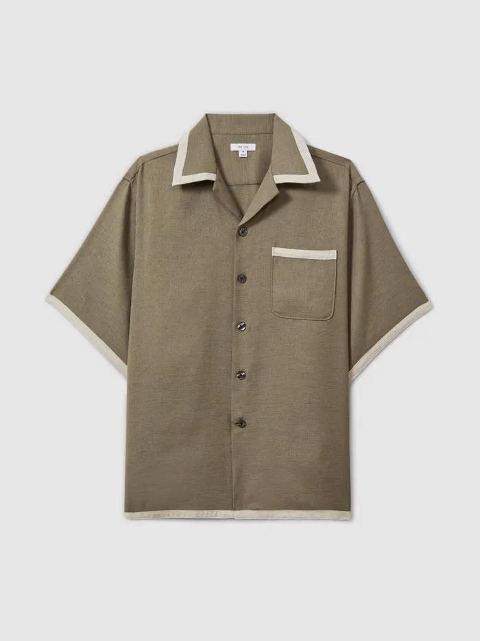 Men Reiss Shirts Vita Contrast Trim Cuban Collar Shirt Sagewhite