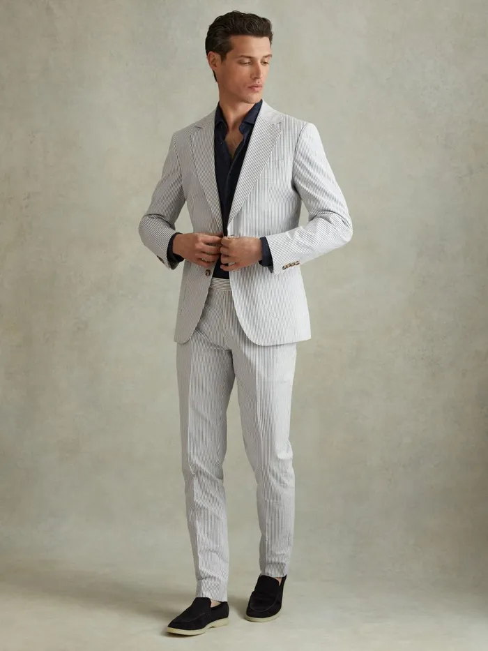 Men Reiss Suits and Tailoring Barr Cotton Seersucker Adjuster Trousers Soft Bluewhite