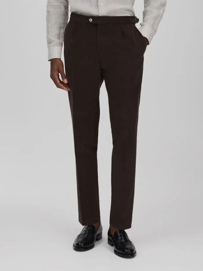 Men Reiss Suits and Tailoring Jacobson Slim Fit Adjustable Cotton Trousers Dark Brown Men Reiss Suits and Tailoring Jacobson Slim Fit Adjustable Cotton Trousers Dark Brown
