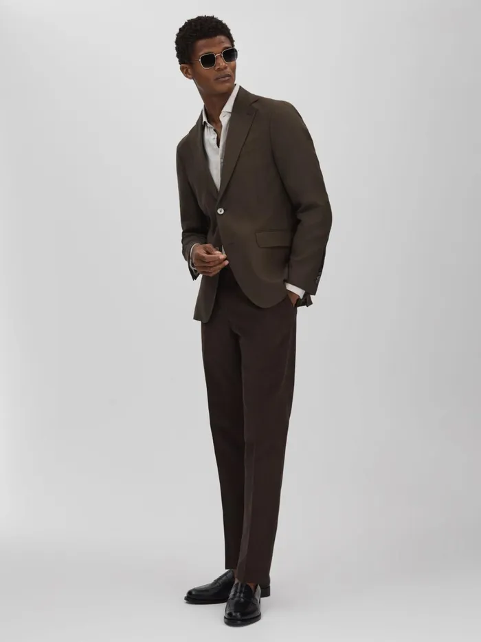 Men Reiss Suits and Tailoring Jacobson Slim Fit Adjustable Cotton Trousers Dark Brown