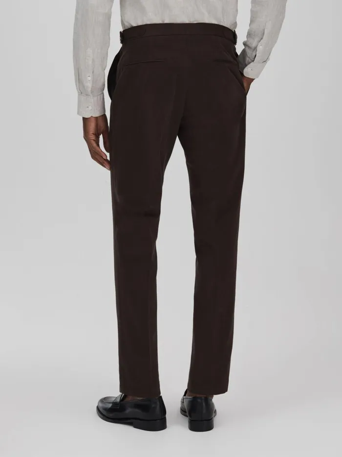 Men Reiss Suits and Tailoring Jacobson Slim Fit Adjustable Cotton Trousers Dark Brown