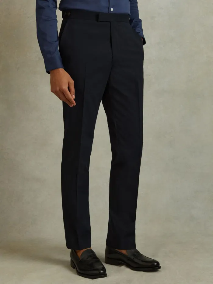 Men Reiss Suits and Tailoring Seare Cotton Blend Side Adjuster Trousers Navy