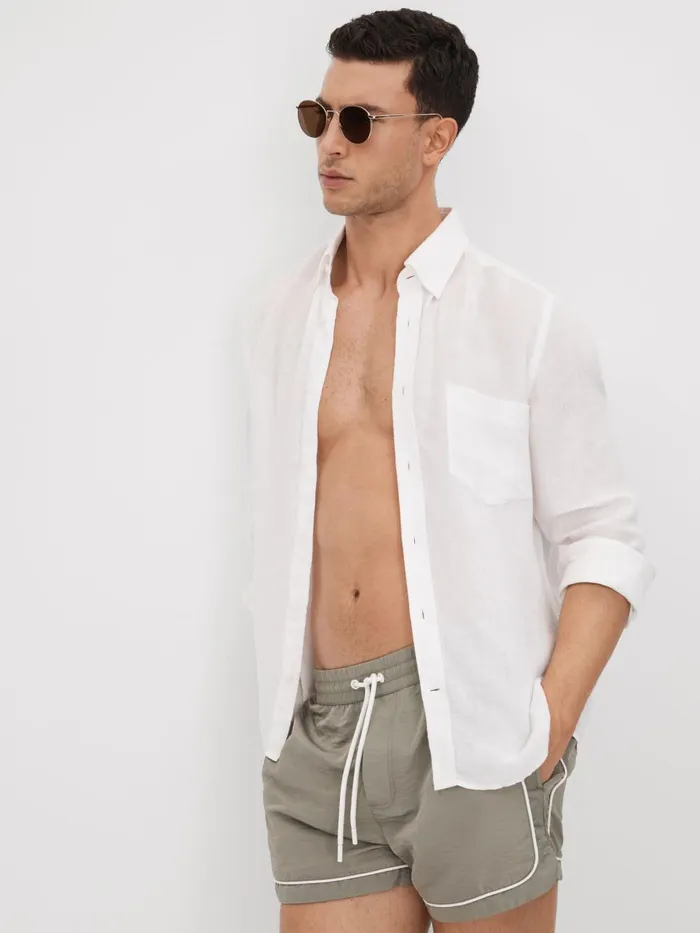 Men Reiss Swimwear Azure Piped Drawstring Swim Shorts Pistachio