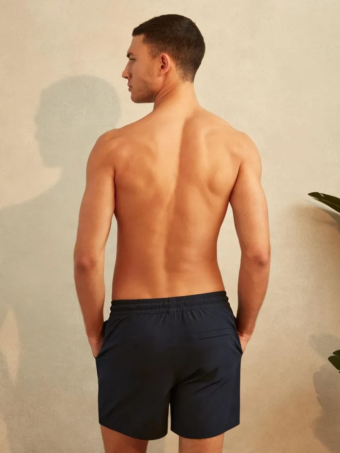Men Reiss Swimwear Shore Plain Drawstring Waist Swim Shorts Navy