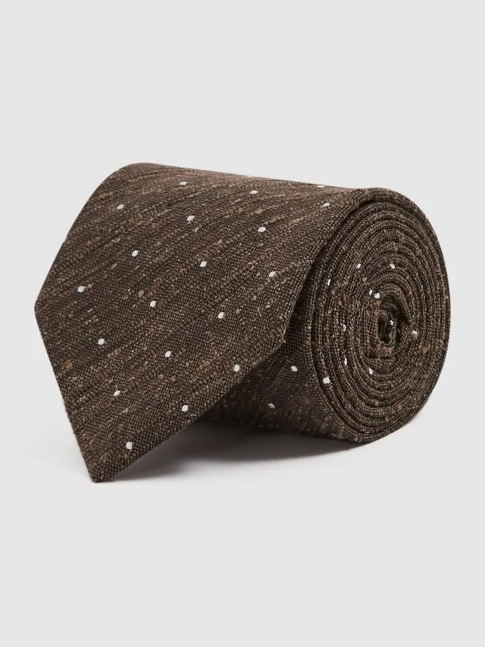 Men Reiss Ties and Pocket Squares Lorenzo Silk Blend Textured Polka Dot Tie Chocolate Melange
