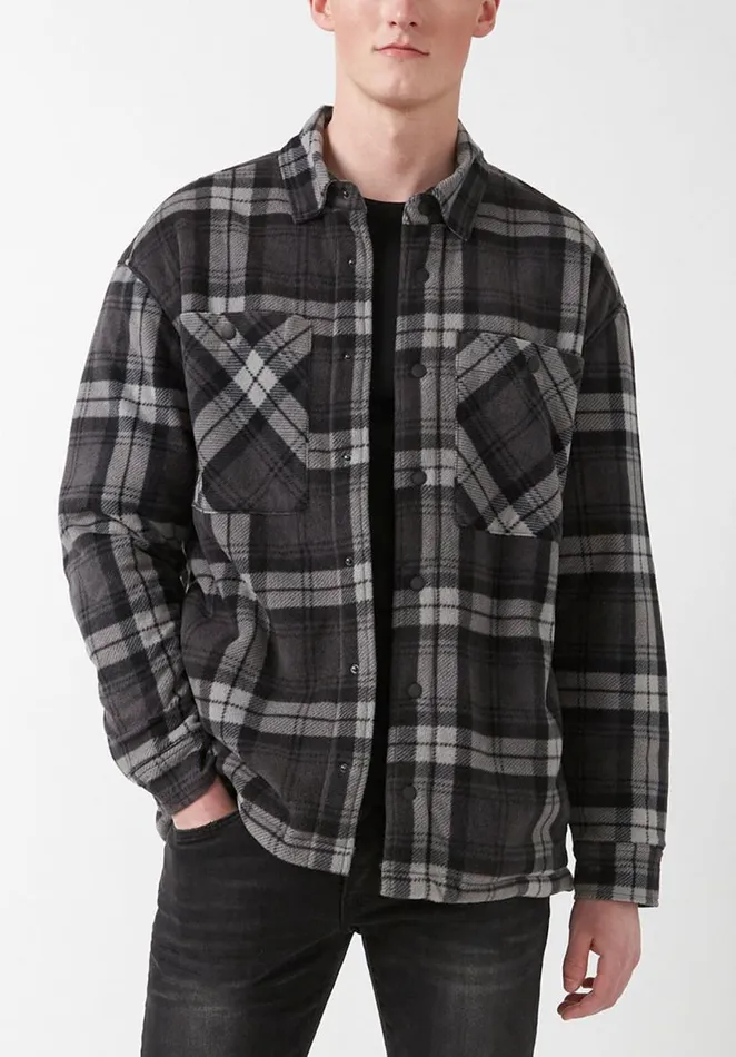 Men Sandis Black Plaid Fleece Shirt Jacket Black Plaid Buffalo David Bitton Jackets
