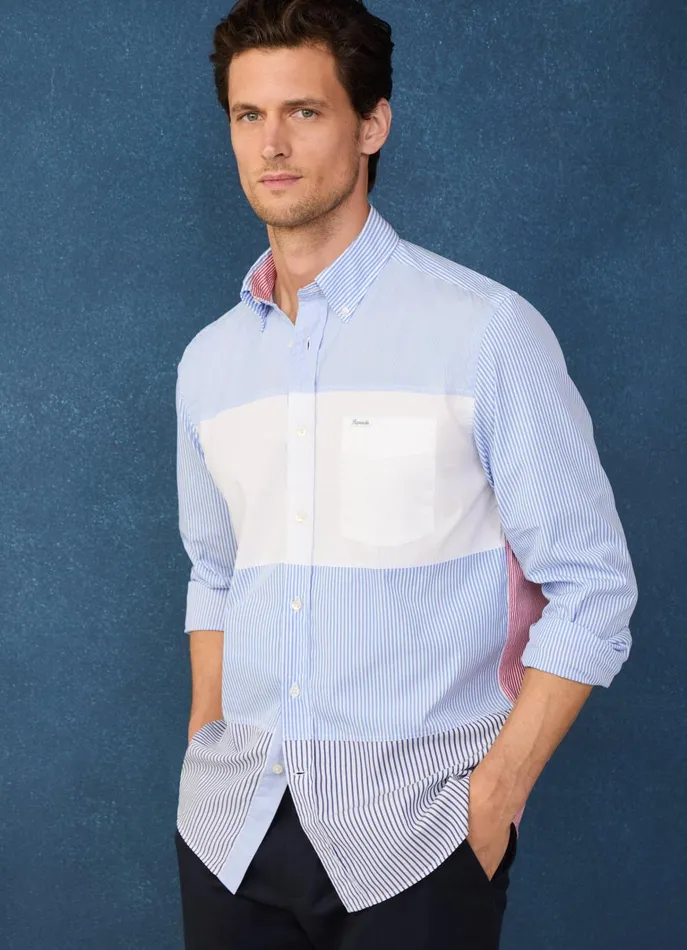 Men Shirts Faonnable Regular Fit Colour Block Poplin Shirt Naval Blue