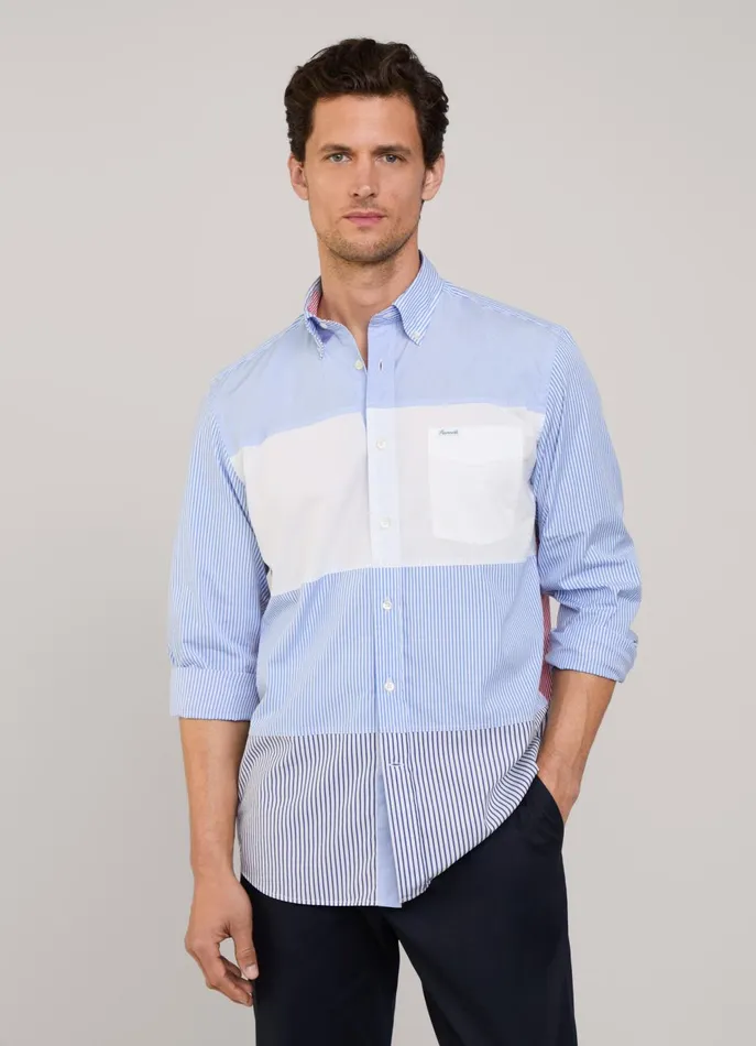 Men Shirts Faonnable Regular Fit Colour Block Poplin Shirt Naval Blue