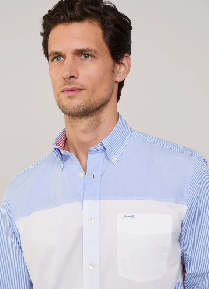 Men Shirts Faonnable Regular Fit Colour Block Poplin Shirt Naval Blue