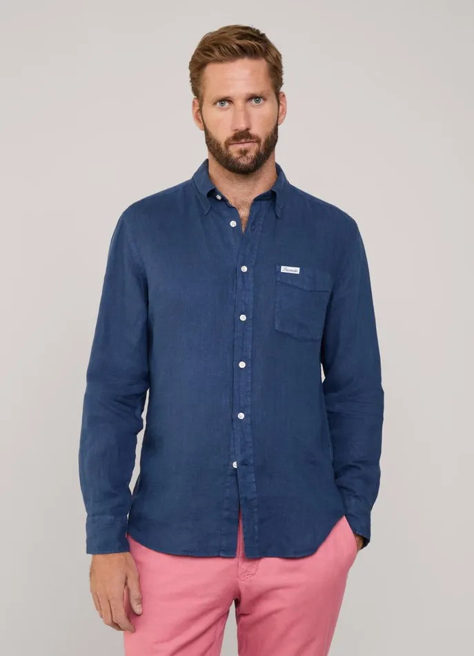 Men Shirts Faonnable Regular Fit Linen Shirt Naval Blue
