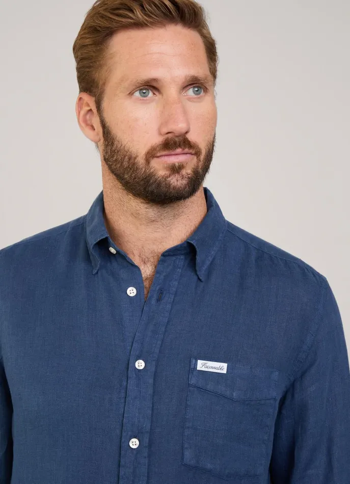 Men Shirts Faonnable Regular Fit Linen Shirt Naval Blue