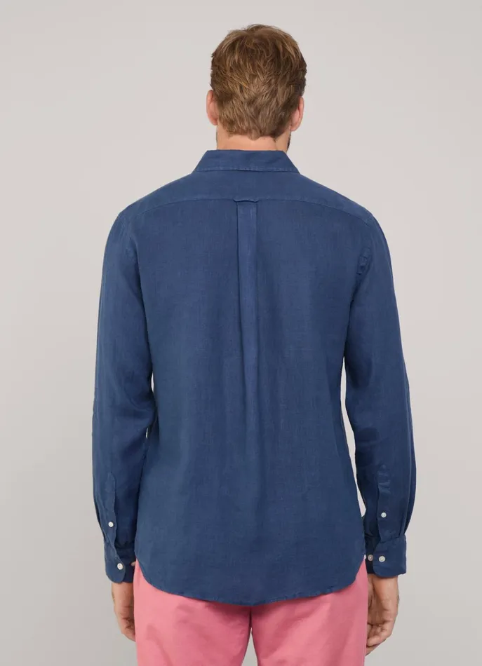 Men Shirts Faonnable Regular Fit Linen Shirt Naval Blue
