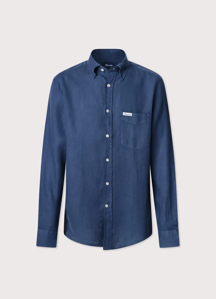 Men Shirts Faonnable Regular Fit Linen Shirt Naval Blue