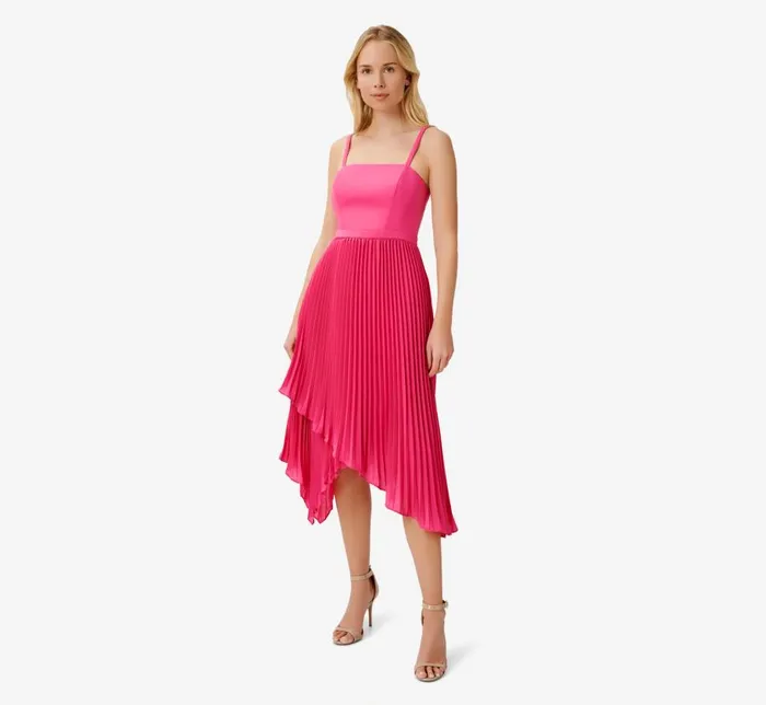 Midi Dresses Womens Adrianna Papell Asymmetrical Pleated MidiLength Dress In Watermelon Bliss