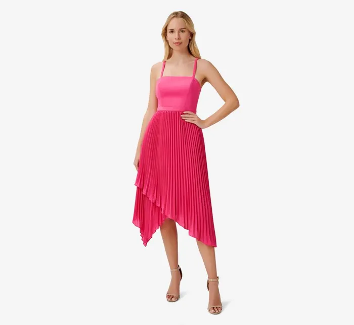 Midi Dresses Womens Adrianna Papell Asymmetrical Pleated MidiLength Dress In Watermelon Bliss
