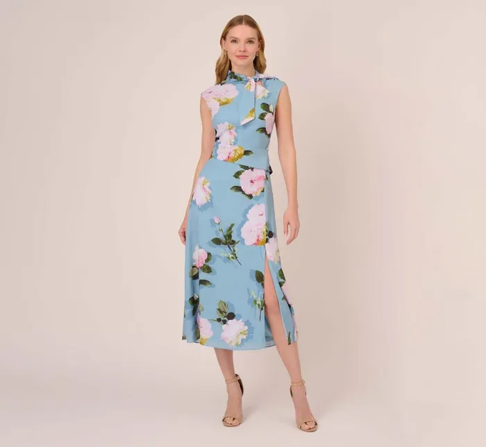 Midi Dresses Womens Adrianna Papell Floral Print Crepe De Chine MidiLength Dress In Blue Multi
