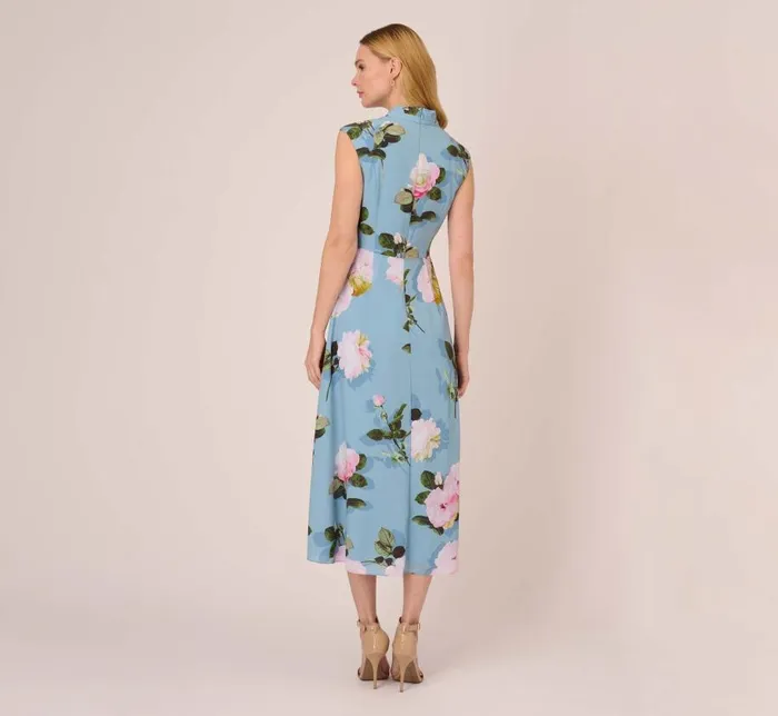 Midi Dresses Womens Adrianna Papell Floral Print Crepe De Chine MidiLength Dress In Blue Multi