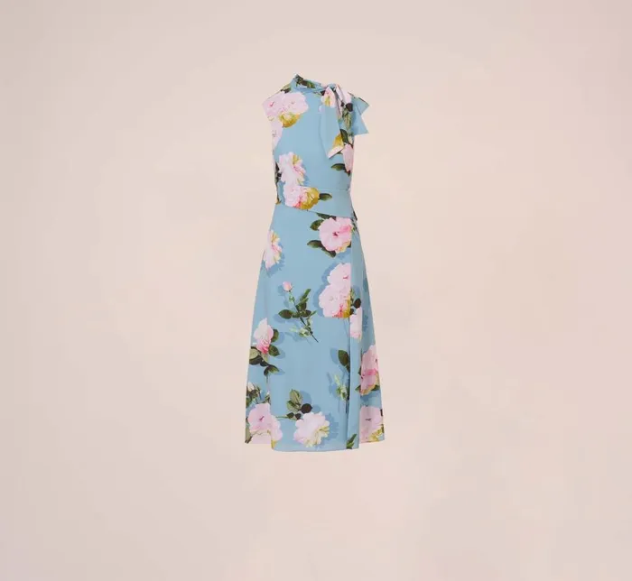Midi Dresses Womens Adrianna Papell Floral Print Crepe De Chine MidiLength Dress In Blue Multi