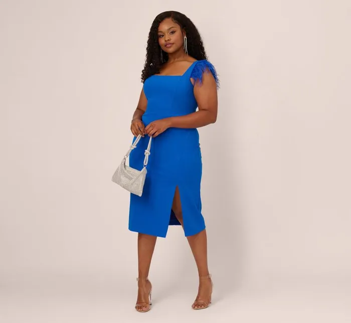 Midi Dresses Womens Adrianna Papell Plus Size Knit Crepe Midi Dress With Feather Shoulder Accents In Dark Cobalt Midi Dresses Womens Adrianna Papell Plus Size Knit Crepe Midi Dress With Feather Shoulder Accents In Dark Cobalt