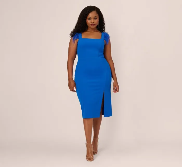 Midi Dresses Womens Adrianna Papell Plus Size Knit Crepe Midi Dress With Feather Shoulder Accents In Dark Cobalt
