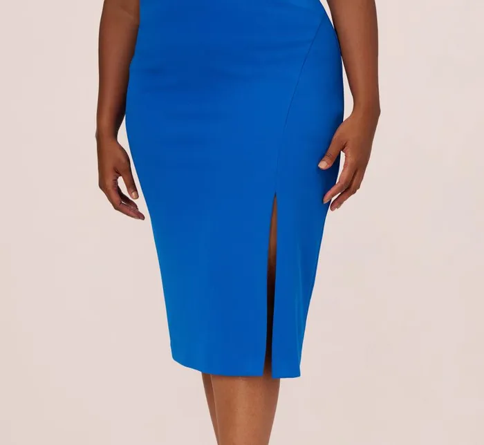 Midi Dresses Womens Adrianna Papell Plus Size Knit Crepe Midi Dress With Feather Shoulder Accents In Dark Cobalt