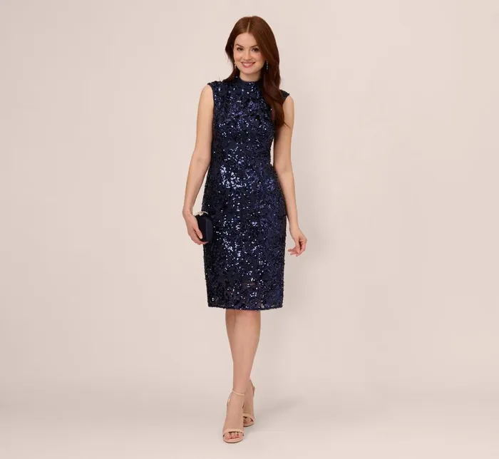 Midi Dresses Womens Adrianna Papell Sequin Lace Sleeveless Midi Dress With Mock Neck In Navy