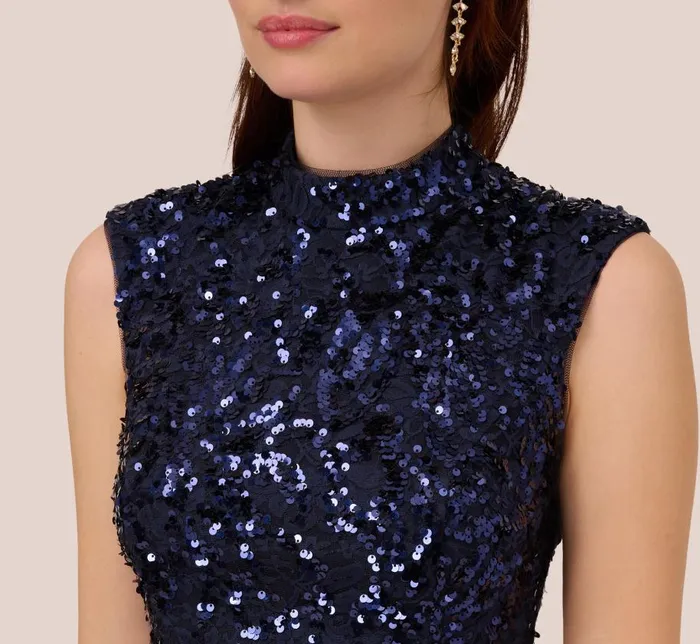 Midi Dresses Womens Adrianna Papell Sequin Lace Sleeveless Midi Dress With Mock Neck In Navy