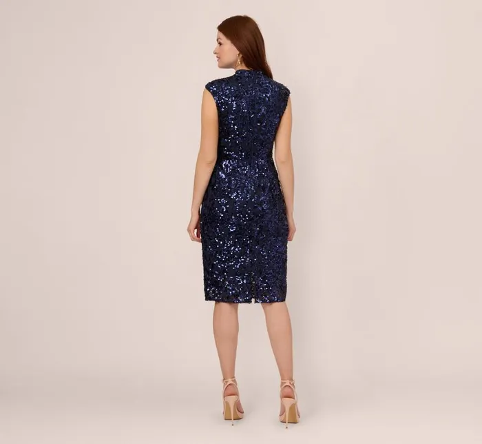 Midi Dresses Womens Adrianna Papell Sequin Lace Sleeveless Midi Dress With Mock Neck In Navy