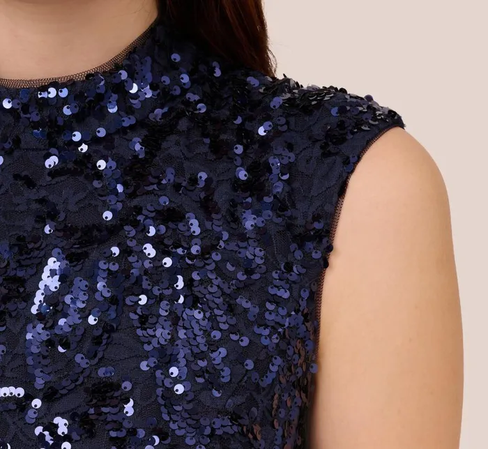 Midi Dresses Womens Adrianna Papell Sequin Lace Sleeveless Midi Dress With Mock Neck In Navy