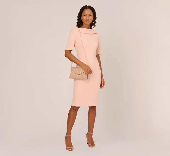 Midi Dresses Womens Adrianna Papell Short Sleeve Crepe Dress With Rolled Neck In Blush