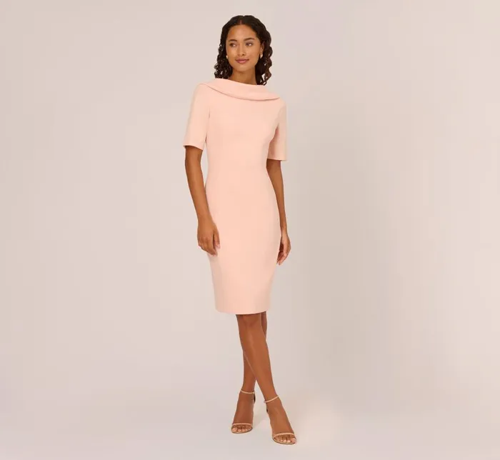 Midi Dresses Womens Adrianna Papell Short Sleeve Crepe Dress With Rolled Neck In Blush