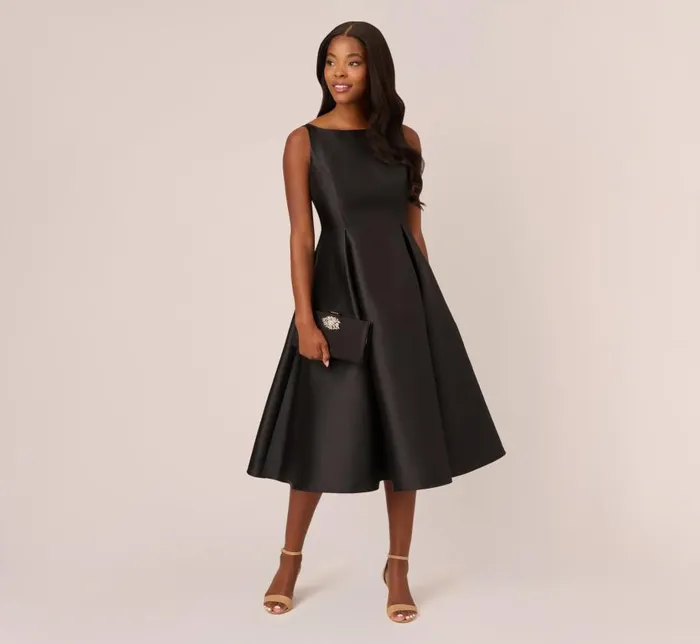 Midi Dresses Womens Adrianna Papell Sleeveless Mikado Fit And Flare Midi Dress With VBack In Black