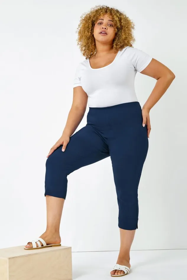 Midnight Blue Curve Elastic Waist Stretch Cropped Trouser Women Roman Coords