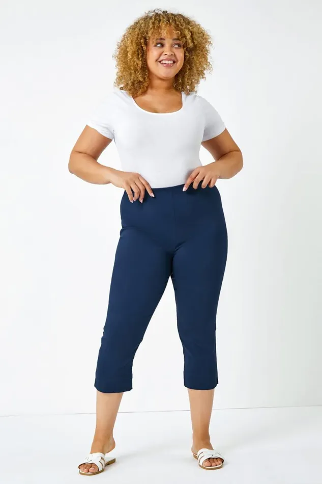 Midnight Blue Curve Elastic Waist Stretch Cropped Trouser Women Roman Coords