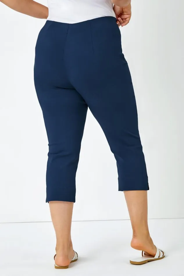 Midnight Blue Curve Elastic Waist Stretch Cropped Trouser Women Roman Coords