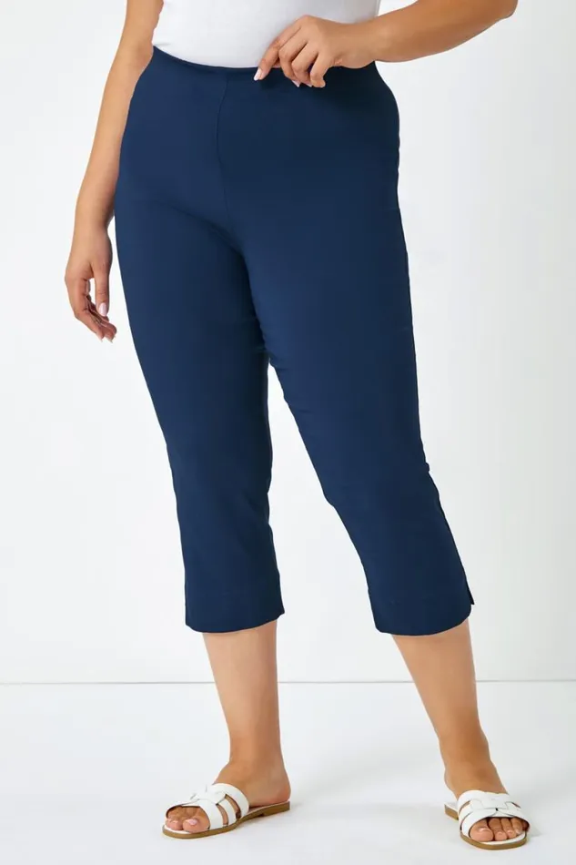 Midnight Blue Curve Elastic Waist Stretch Cropped Trouser Women Roman Coords