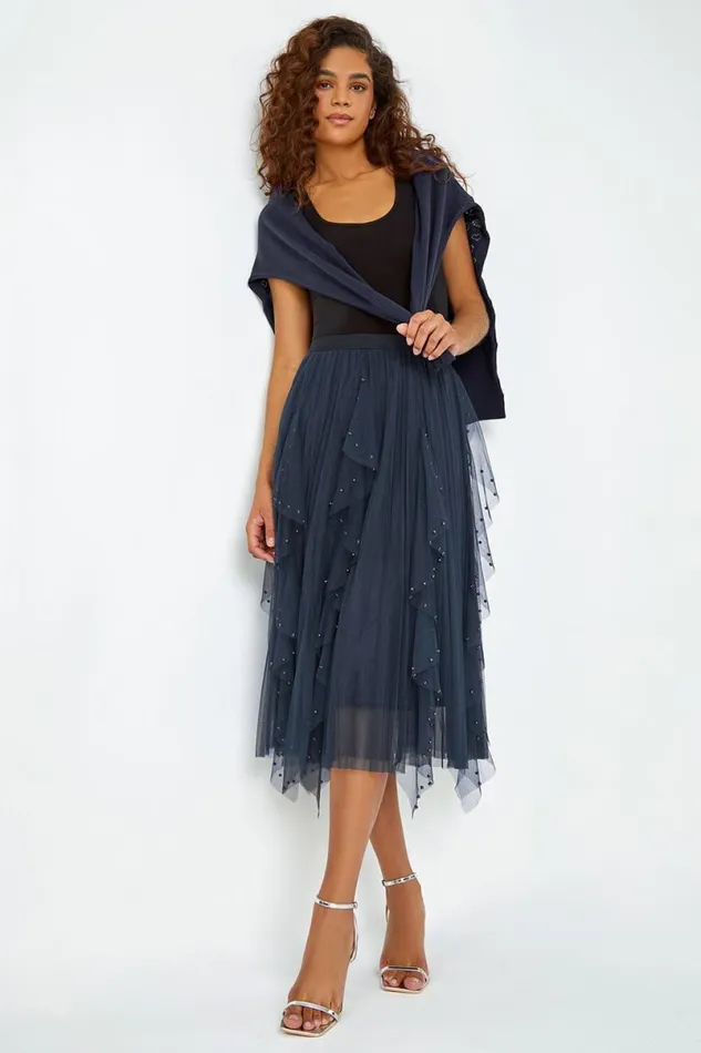 Midnight Blue Elasticated Pearl Mesh Layered Skirt Women Roman Skirts