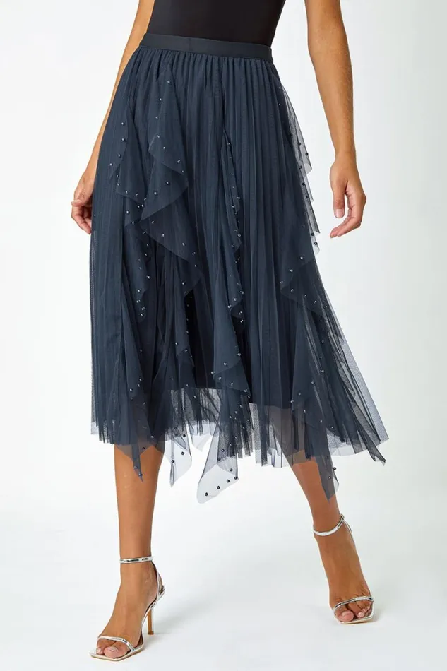 Midnight Blue Elasticated Pearl Mesh Layered Skirt Women Roman Skirts