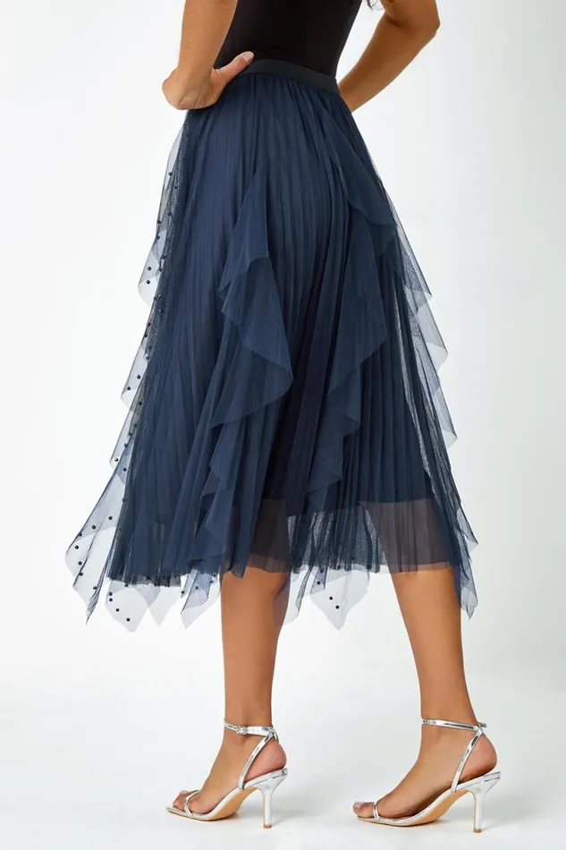 Midnight Blue Elasticated Pearl Mesh Layered Skirt Women Roman Skirts