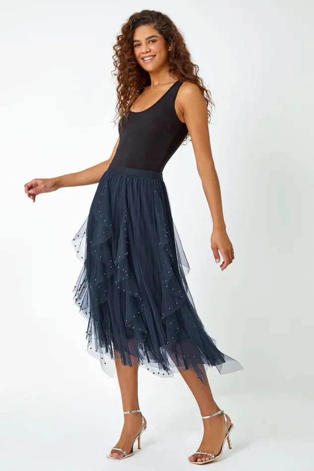 Midnight Blue Elasticated Pearl Mesh Layered Skirt Women Roman Skirts