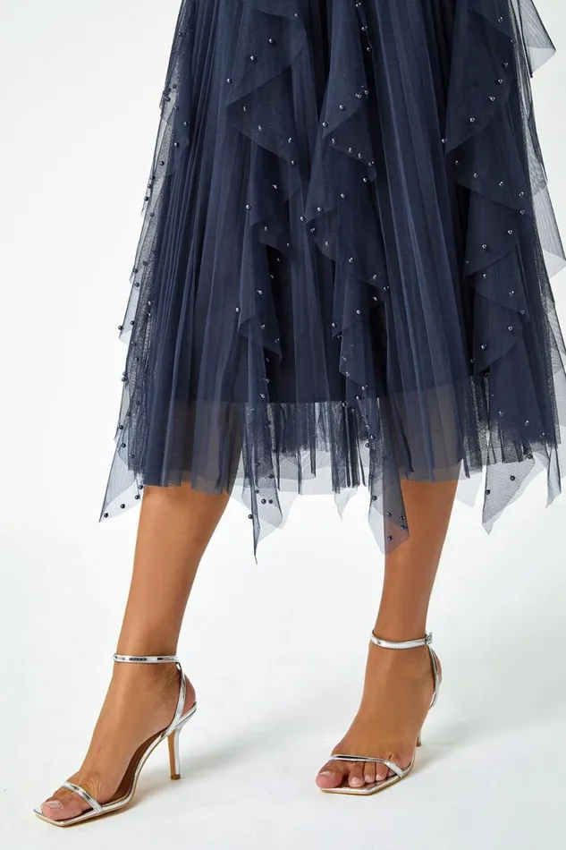 Midnight Blue Elasticated Pearl Mesh Layered Skirt Women Roman Skirts