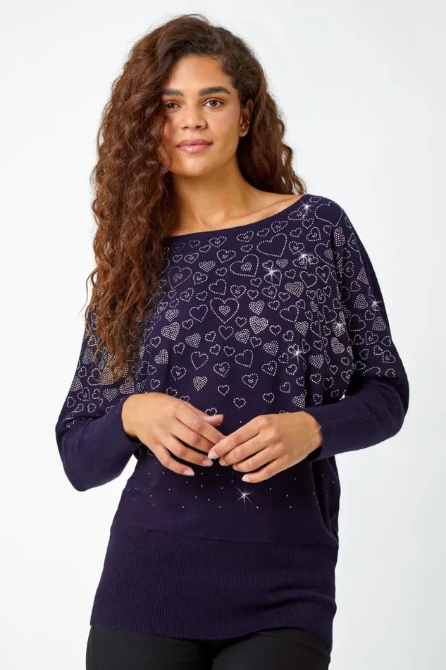 Midnight Blue Embellished Diamante Heart Jumper Women Roman Knitwear