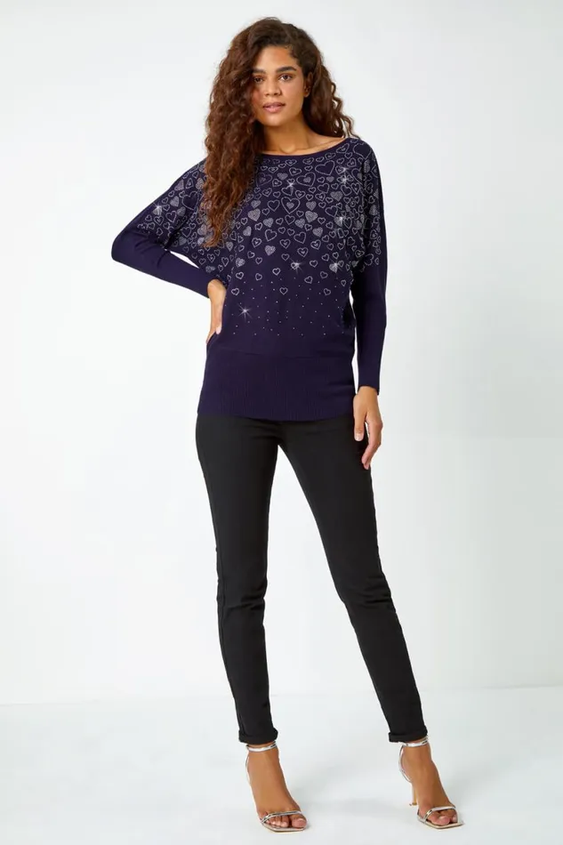 Midnight Blue Embellished Diamante Heart Jumper Women Roman Knitwear