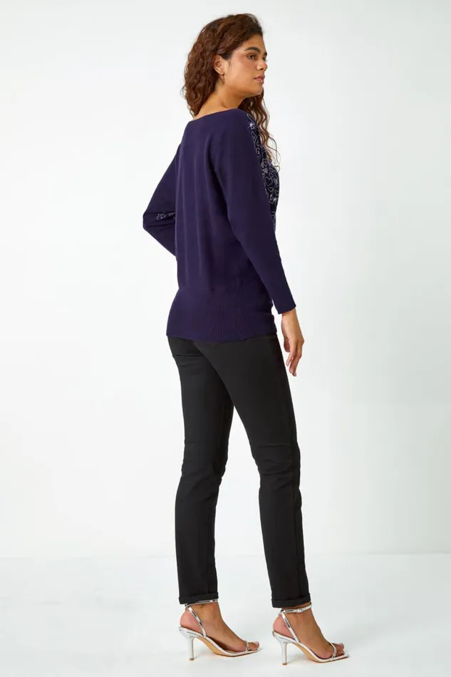 Midnight Blue Embellished Diamante Heart Jumper Women Roman Knitwear