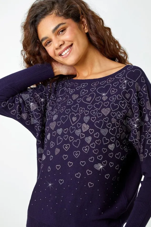 Midnight Blue Embellished Diamante Heart Jumper Women Roman Knitwear