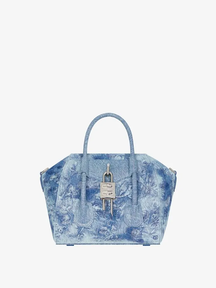 Mini Antigona Lock Bag In Washed Embroidered Denim Medium Blue Women Givenchy Crossbody Bags
