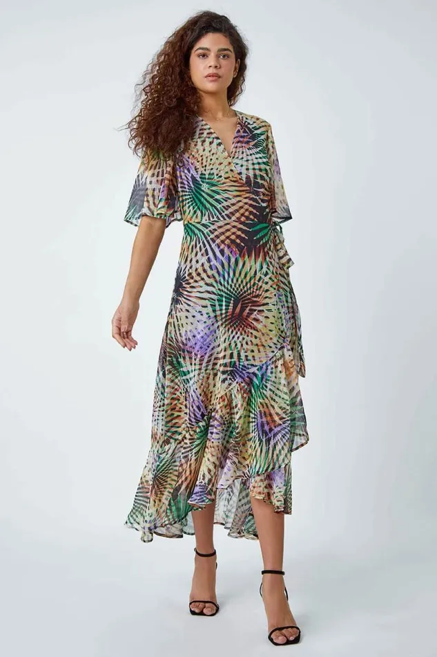 Multi Abstract Print Maxi Wrap Dress Women Roman Dresses